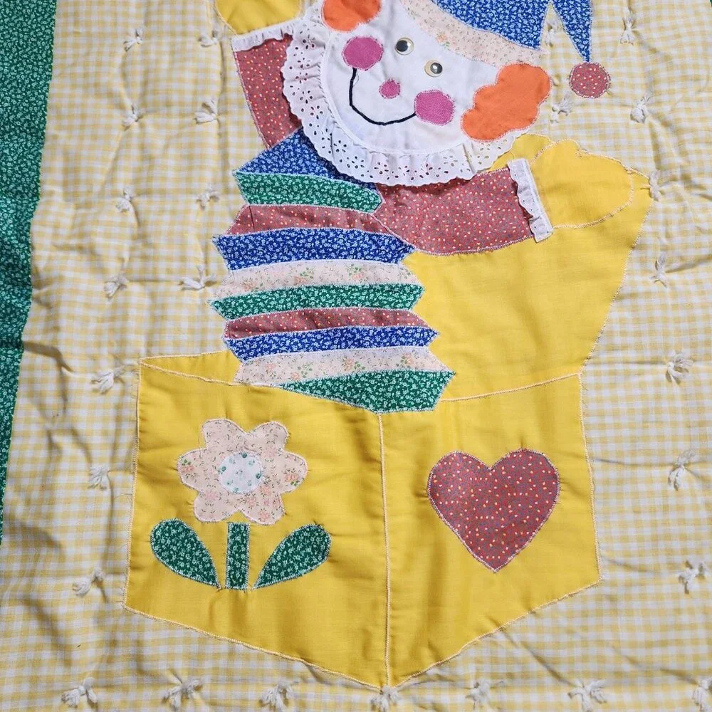 Vintage Handmade Patchwork Jack In the Box Clown Crib Gingham Floral Quilt